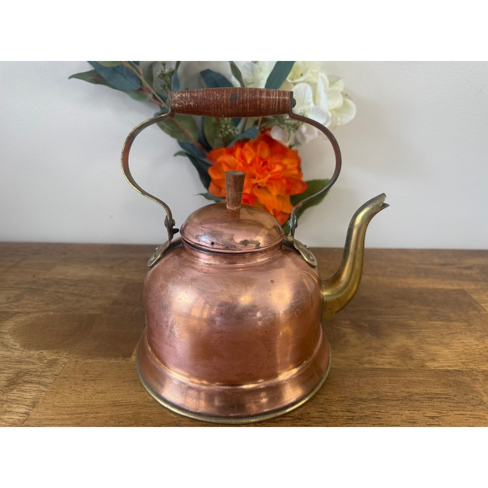 Vintage Copper Kettle Brass Spout Wood Handle Rustic Farmhouse Decor Cottage